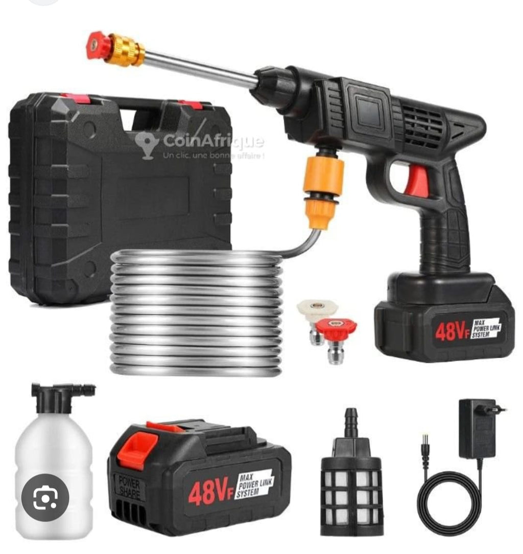 Pistolet à eau de lavage de voiture,2 batterie de 48 volts , batterie au lithium, haute tension, pression maximale 90 BAR, puissance moteur : environ 200w , temps de charge : 4h tu temps et tres solide.