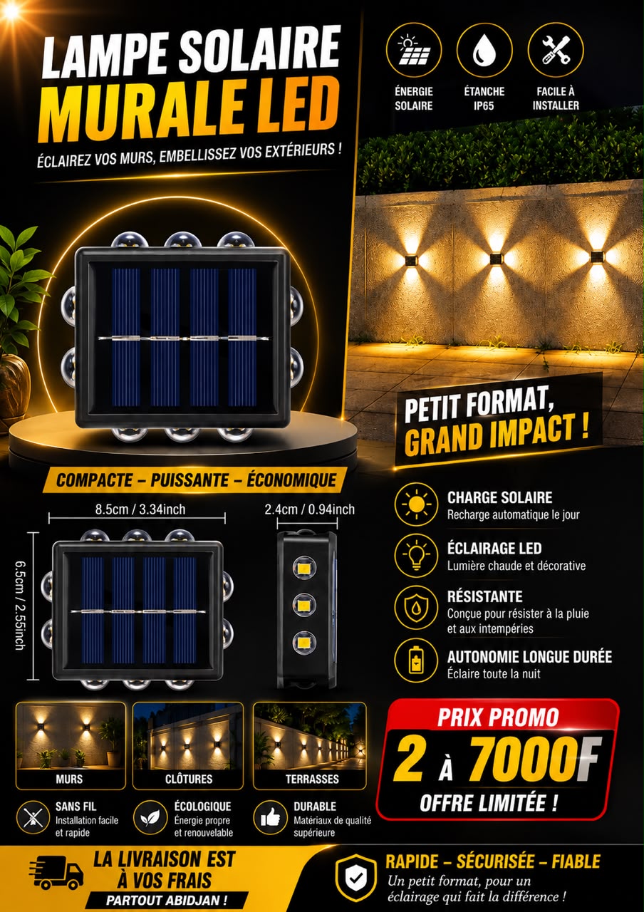 Prix : 2 à 7000f au lieu de 16000f .     Led murale solaire extérieure étanche haut et bas éclairage lumineux pour jardin, clôture décoration lumière du soleil.