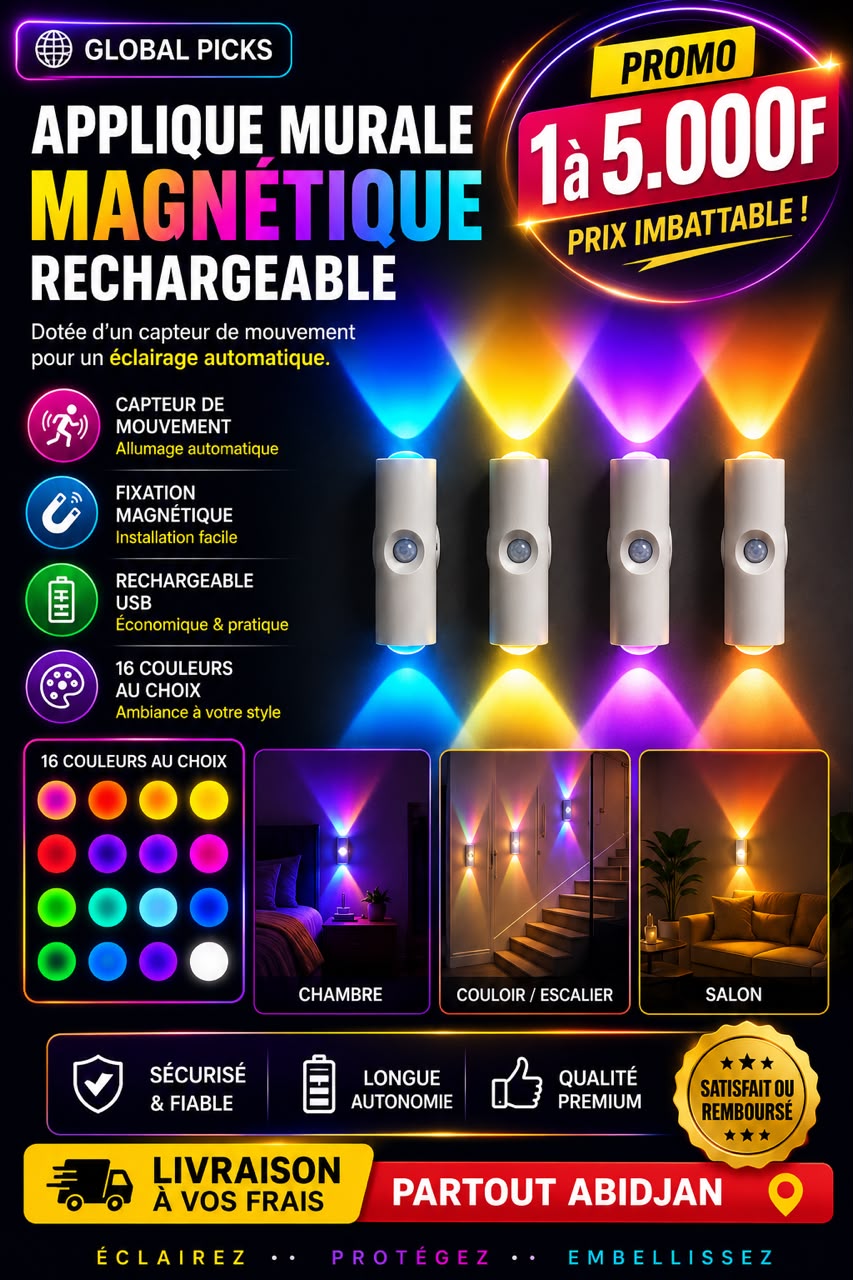 Prix : 1 à 5000f au lieu de 9000f .      Lampe murale intelligente avec capteur de mouvement magnétique rechargeable pour chambre, salle de bain, placard, jardin et décoration intérieure.