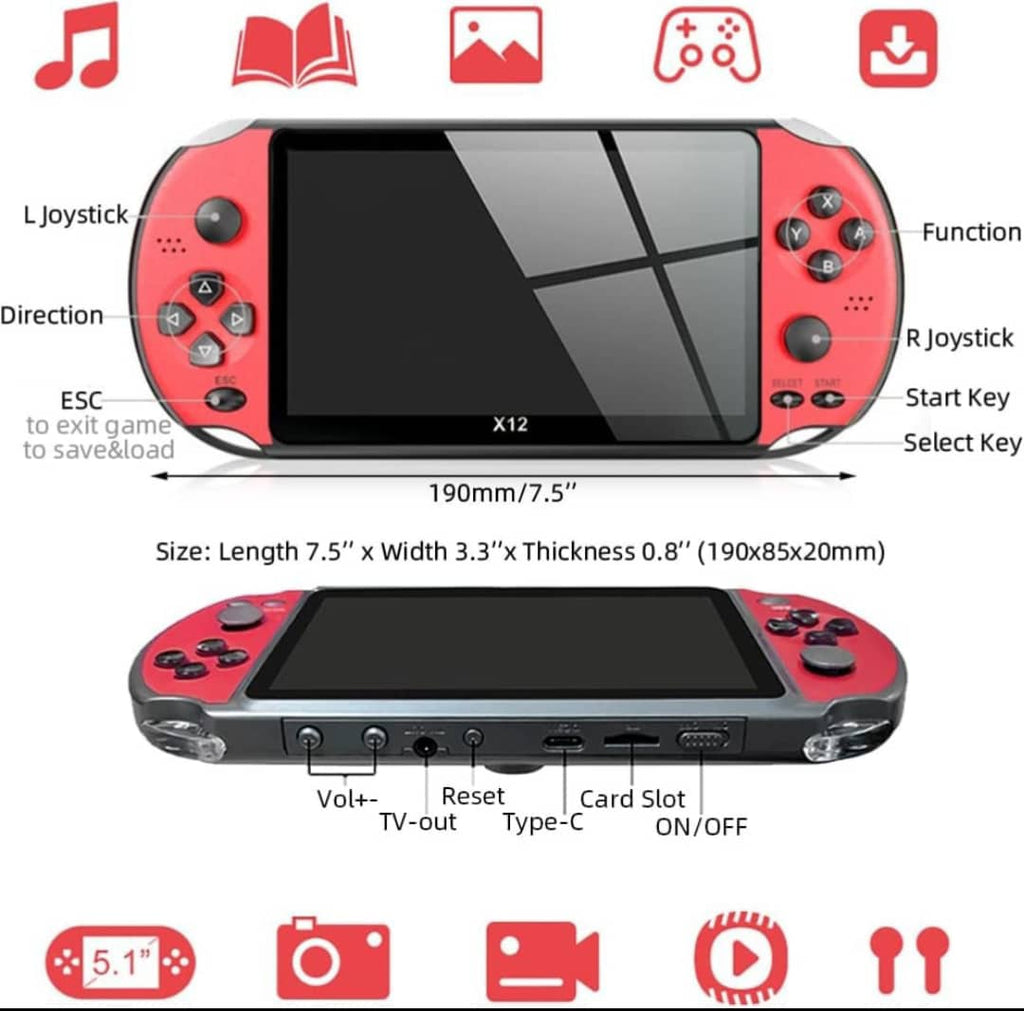 Console de jeux x12. Portable, puissante et pleine de nosta. Plus de 3500 jeux intégrés, les classiques de votre enfance ( PS1, NES, Game , batterie 1800mAh ( rechargeable via USB, musique, Bluetooth connecté.