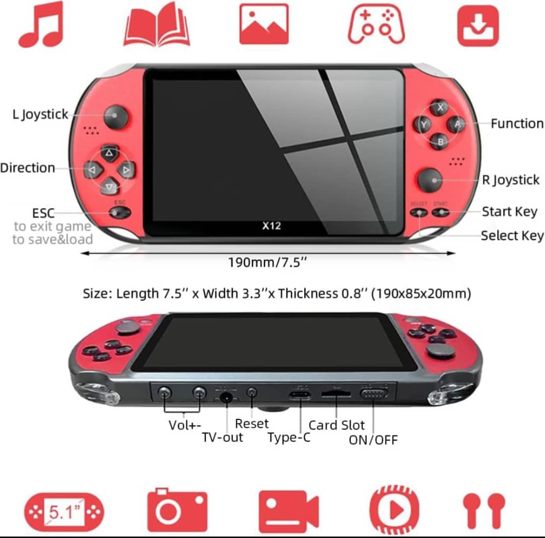 Console de jeux x12. Portable, puissante et pleine de nosta. Plus de 3500 jeux intégrés, les classiques de votre enfance ( PS1, NES, Game , batterie 1800mAh ( rechargeable via USB, musique, Bluetooth connecté.
