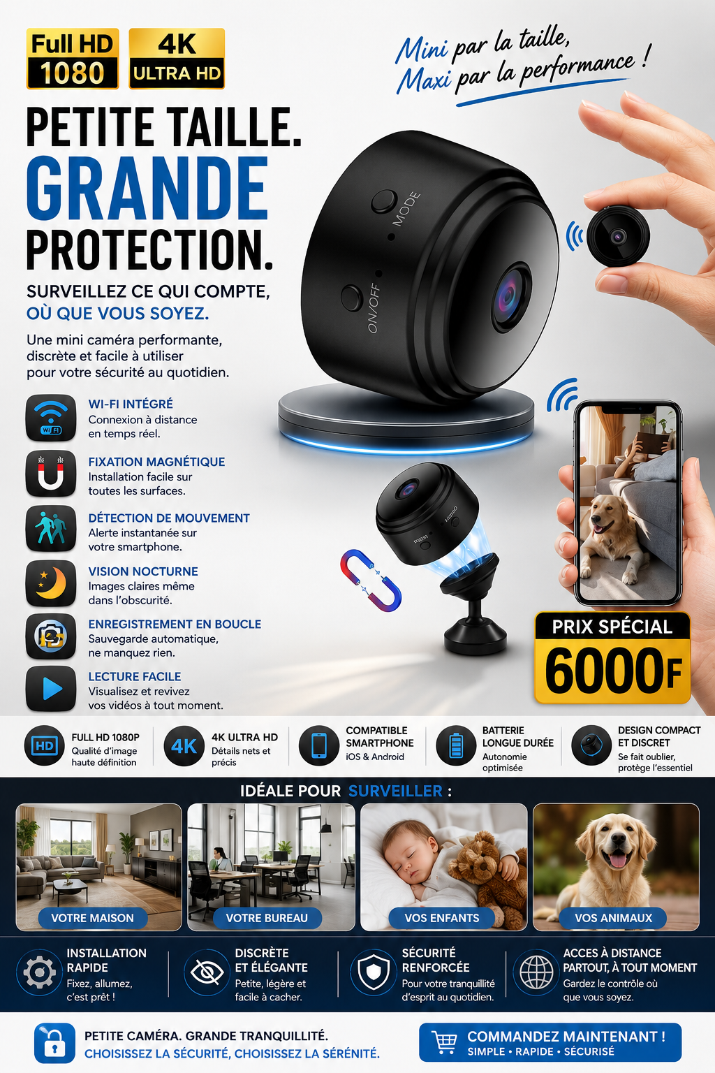 Prix : 6000f au lieu de 11000f .         Mini caméra technologie HD pour distance permanente 24h/24h . Code QR dans la notice pour le télécharger l'application.