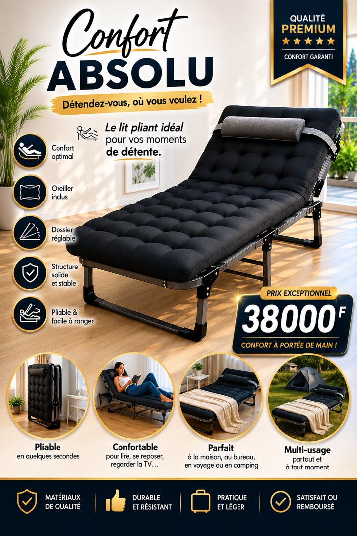 Prix : 38000f au lieu de 58000f . Lit pickot orthopédique, confort et bien être. Offrez-vous un sommeil réparateur avec notre lit pickot, de haute qualité. Parfait pour le repos, les massage, les patients et camping.
