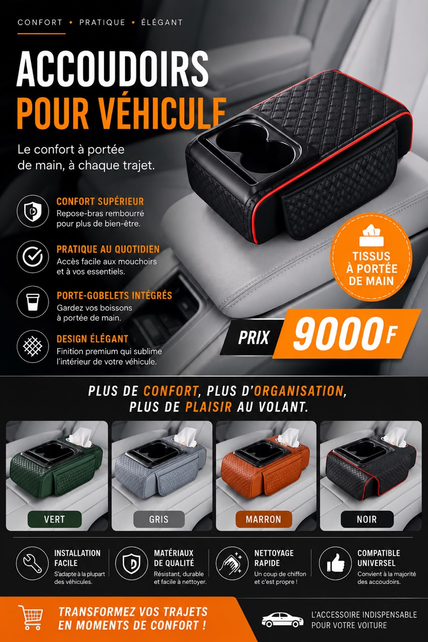 Prix : Promo 9000f au lieu de 18000f 
 🔥 Un accessoire pratique et moderne pour votre voiture

Cet accoudoir multifonction combine style et utilité pour accompagner tous vos déplacements.

💎 Design élégant
💎 Rangement intelligent
💎 Porte-gobelets inté