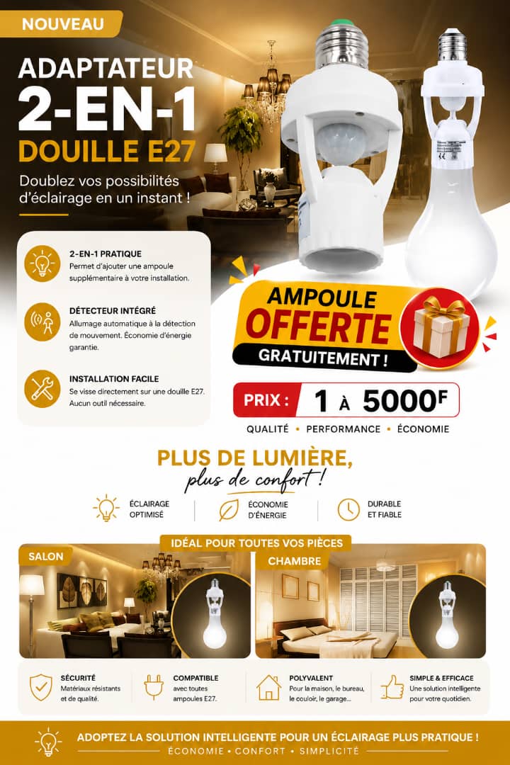 Prix : 5000f au lieu de 11000f .       Douille intelligente, avec détection infrarouge pour un allumage automatique et sécurisé de vos lampes. Facile à installer, cette douille optimise l'éclairage.