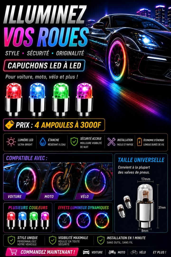 Prix: 4 à 3000f au lieu de 8000f .

Ne passez plus jamais inaperçu dans la nuit !

Transformez le look de votre véhicule en un instant avec nos Valves Lumineuses LED. Que vous soyez en voiture, à moto ou à vélo, créez un effet de halo spectaculaire