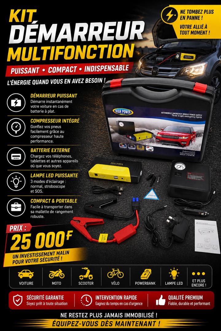Prix : 25000f au lieu 58000f .         HIGH POWER 50800 mAh.             Démarreur d'urgence automobile en cas de batterie faible. Compresseur pneu , power Bank pour ordinateur, pour téléphone, torche avec plusieurs modes.
