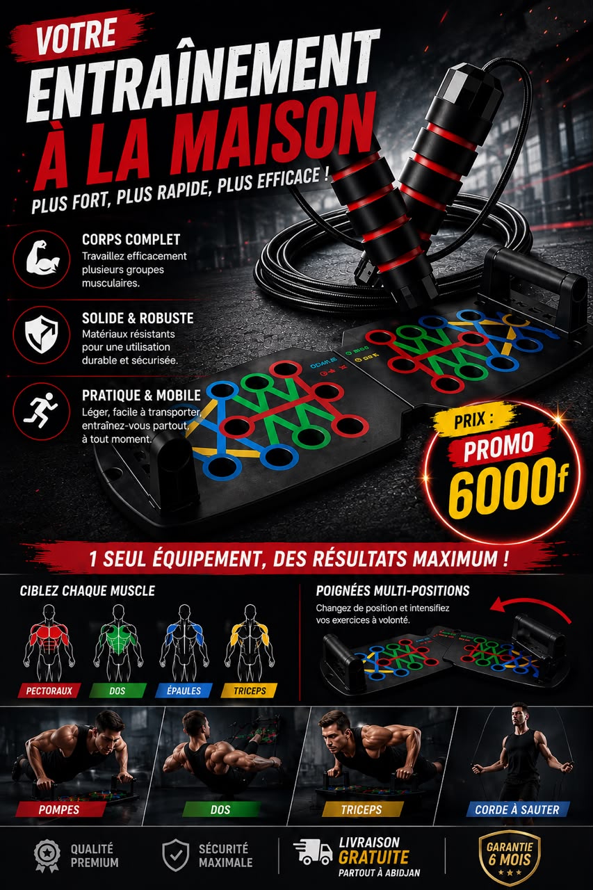 Prix : prix 6000f au lieu de 12000f  . 

Découvrez notre planche à pompe multifonction + corde à sauter. Tu peux te muscler à la maison.