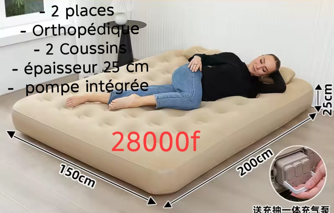 Prix : promo 28000f au lieu de 48000f

Offrez-vous le confort ultime avec ce matelas gonflable double. Facile à utiliser grâce à la pompe incluse, il assure un soutien optimal pour vos nuits en camping ou à la maison. Sa construction durable et son design