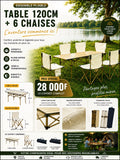 Prix : Promo 28000f au lieu de 68000f .

Table + 6 chaises pliable solide pour camping, se transforme en petite valise , elle est entièrement non encombrante , facile à transporter, matière en inoxydable.