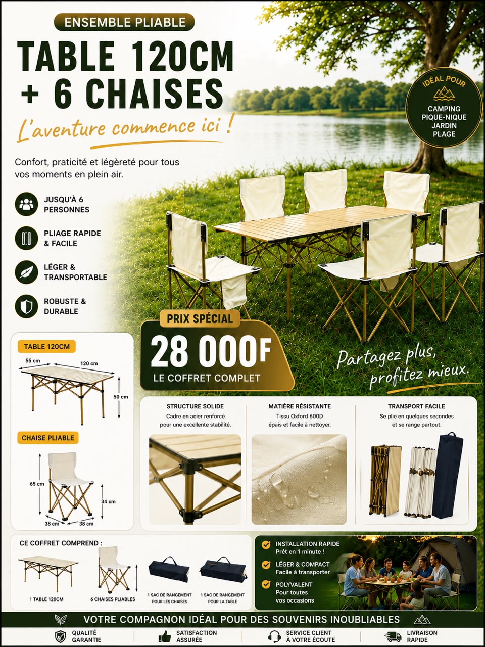 Prix : Promo 28000f au lieu de 68000f .

Table + 6 chaises pliable solide pour camping, se transforme en petite valise , elle est entièrement non encombrante , facile à transporter, matière en inoxydable.